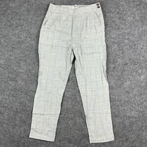 Creatures of Comfort Pants Womens 2 Blue Beige Plaid 100% Linen High Waist